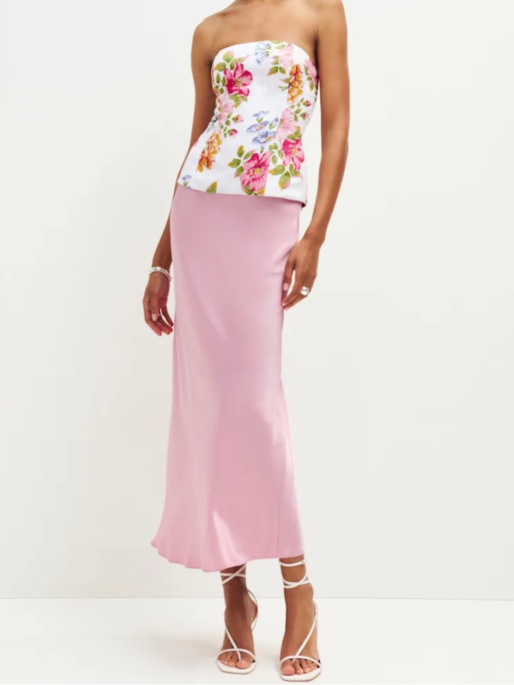 Reformation Iskra Floral Two Piece - Floral Bustier with Pink Satin Maxi Skirt